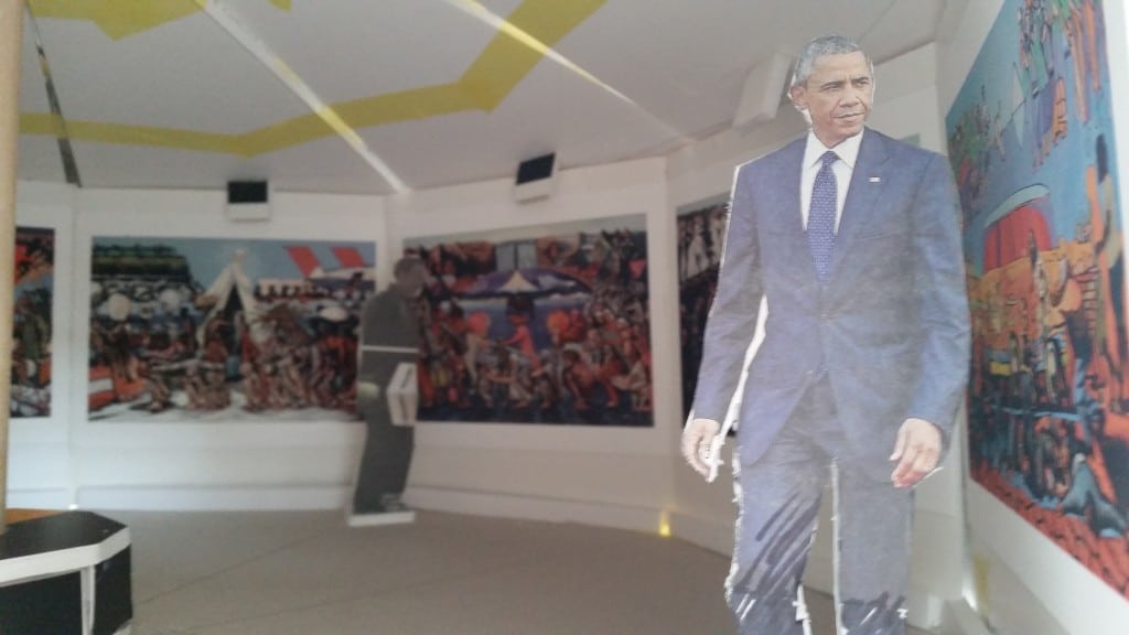 interior of tent showing paintings