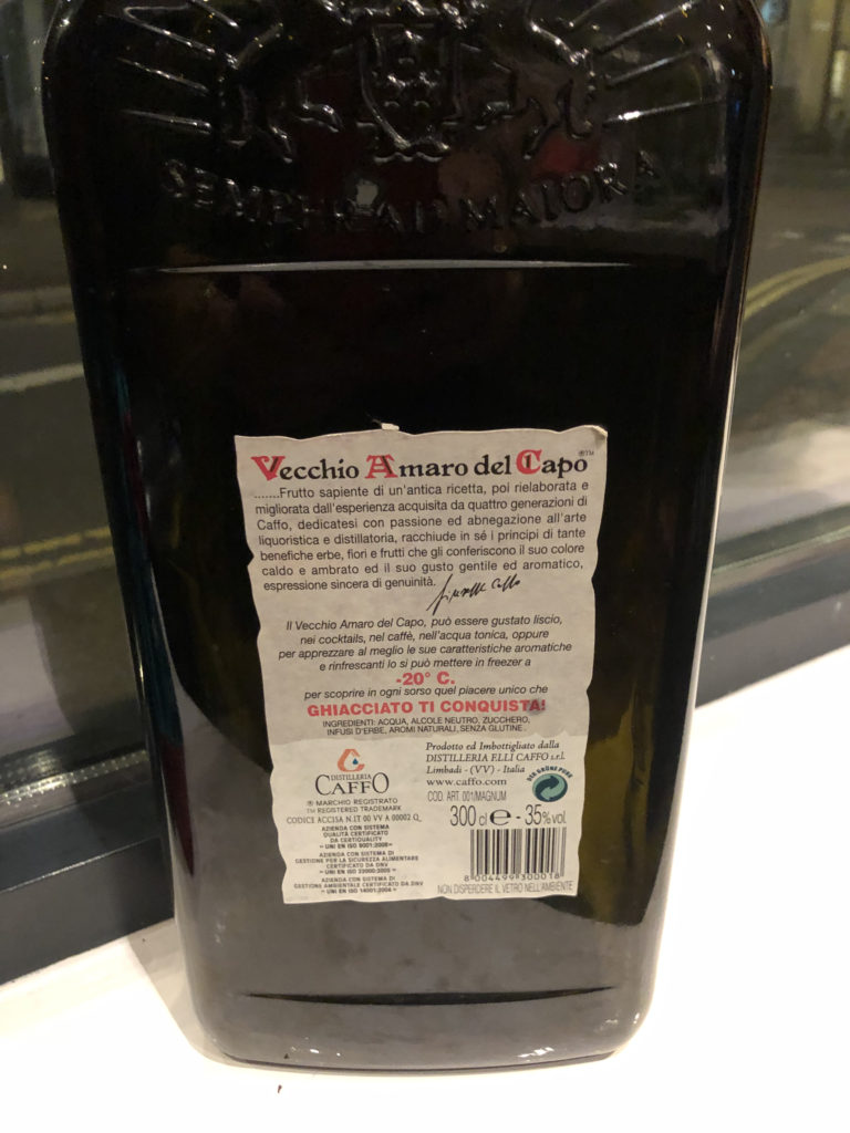 Reverse Amaretto bottle in Da Vinci restaurant Swindon