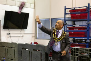 Swindon Mayor Opens Forklift Centre - Mayor Abdul throwing flip flops
