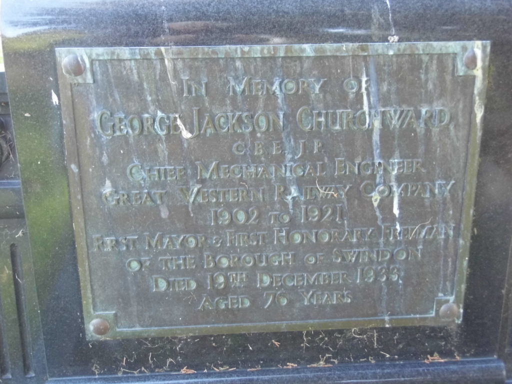 Close up of the plaque on Churchward's grave in Swindon
