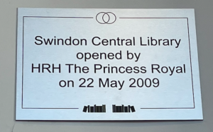 Swindon central library - plaque commemorating the official opening by Princess Anne