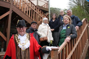 Malmesbury Town Council Victorious - Steps reopen at Waitrose in Malmesbury. Mayor Cllr Gavin Grant and Waitrose partner Debbie Barnes with, from left, Edward and Janice James, Cllr Kim Power, Deputy Mayor Phil Exton and Cllr Campbell Ritchie.