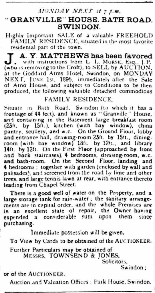 Swindon Advertiser advert when Granville House went up for sale in 1878