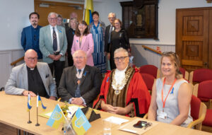 Malmesbury Links to Ukraine City - Pictured (seated, left to right) Reverend Oliver Ross, Deputy Lieutenant of Wiltshire Angus Macpherson MBE, Malmesbury mayor Cllr Phil Exton and Malmesbury town clerk Claire Mann. 