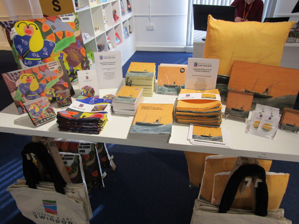 Art-related merchandise in the gift shop at Swindon museum and art gallery