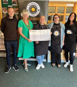 Nationwide Gives Breakfast Charity £10k- Big Breakfast Plus co-ordinator Wayne Twitchell Service Co Ordinator, trustee Charlotte Mannion, Kayleigh Parker volunteer and Nationwide grant winner, volunteer Franki Walklake, and volunteer Nikki Loveday.