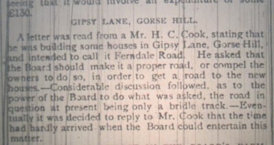 Undated newspaper piece describing a developer building houses on Gypsy Lane, Gorse Hill that he intended to name Ferndale Road.