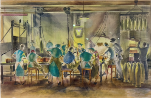 Swindon Artist Leslie Cole - painting by Leslie Cole, manufacturing 250Ib bombs, GWR Yard, Swindon