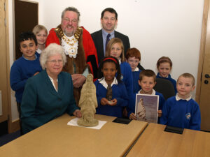 Presentation of a mini watchers sculpture to Toothill School with Mayor Steve Wakefield - photo courtesy of Roger Ogle
