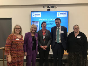 left to right: Club president Eleanor Evans, Society Without Abuse Chair Nicky Alberry, Salisbury MP John Glenn, Wiltshire Police Chief Constable Catherine Roper, and Laura Jones, FEAR FREE.