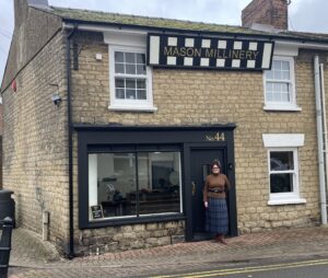 Tina Mason Swindon Milliner - Tina outside the shop on Prospect Place