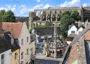 An aerial of Malmesbury Abbey and the market cross.