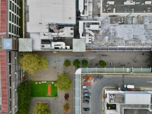 Overhead shot of Wharf Green & a section of Canal Walk.
The wavy line is the paving that's inscribed with history of the Wilts & Berks canal.