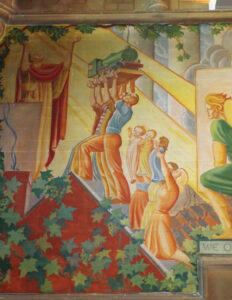 Section from St Barnabas’ Church Murals – the young men offering the locomotive and the mothers offering their children.
