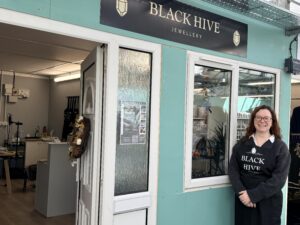 Sabrina O’Keeffe, founder of Black Hive Jewellery outside her first retail unit at Studley Grange Garden Centre in Swindon.
